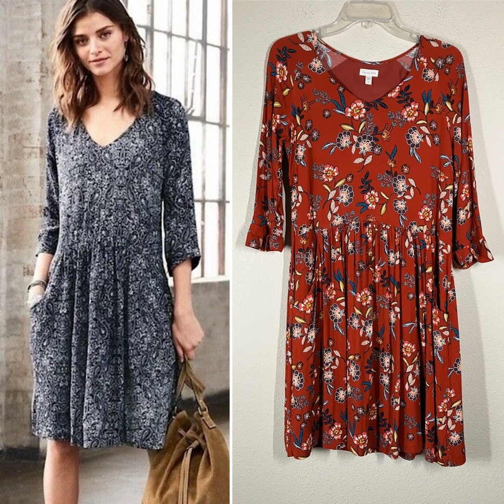 GARNET HILL Easy Bohemian Crepe Midi Dress 6 Floral Pockets Work Tomato Red